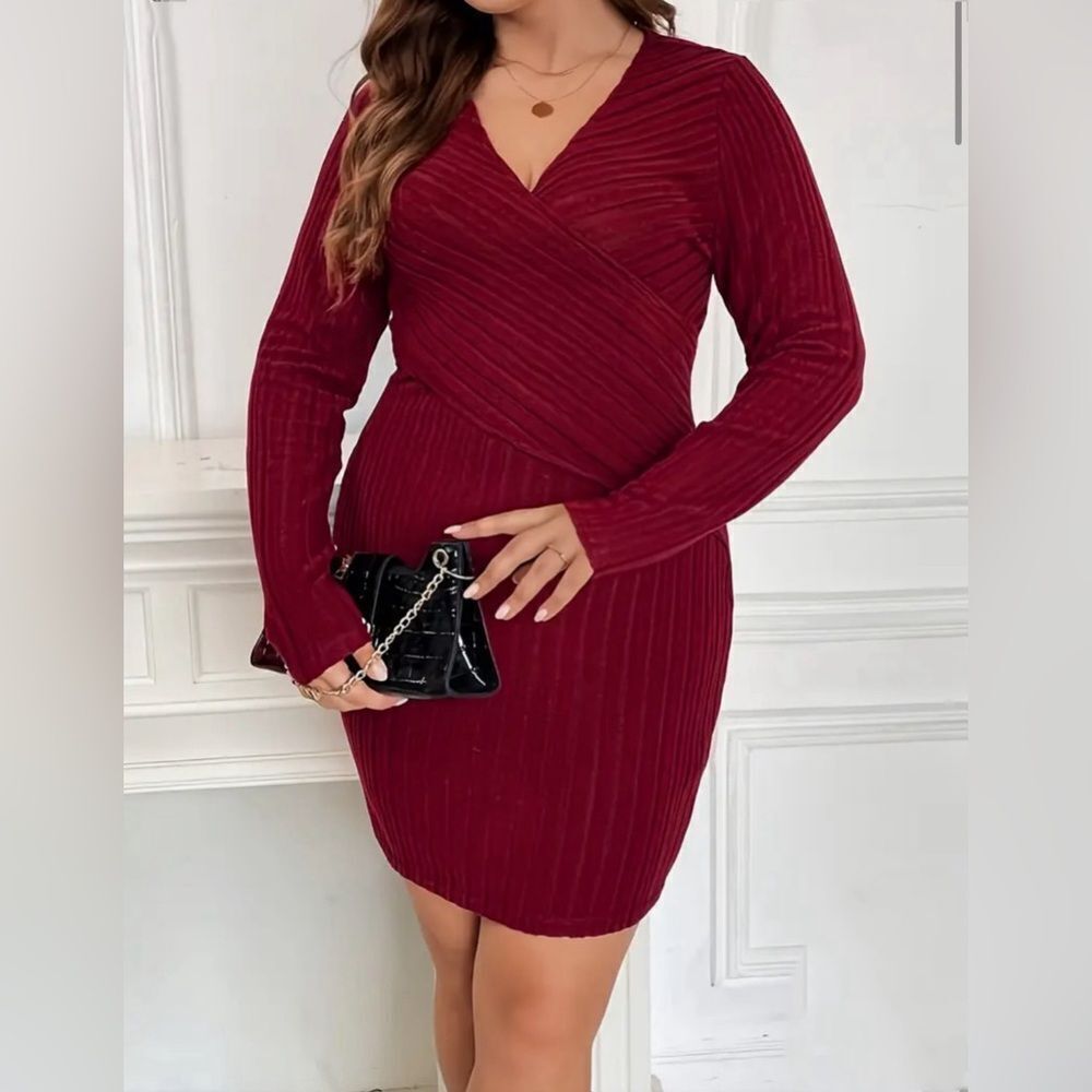 *30off3* Plus Size Women's Solid Ribbed Long Sleeve‎ Surplice Neck Casual Dress